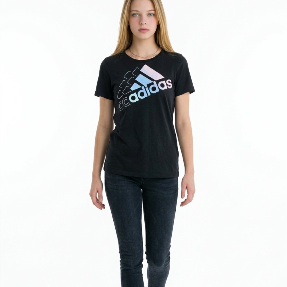 Adidas T-Shirt Girls Black Short Sleeve Large Blue And White Spell Out New